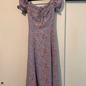 Purple Floral Midi Dress with off the shoulder ruffle